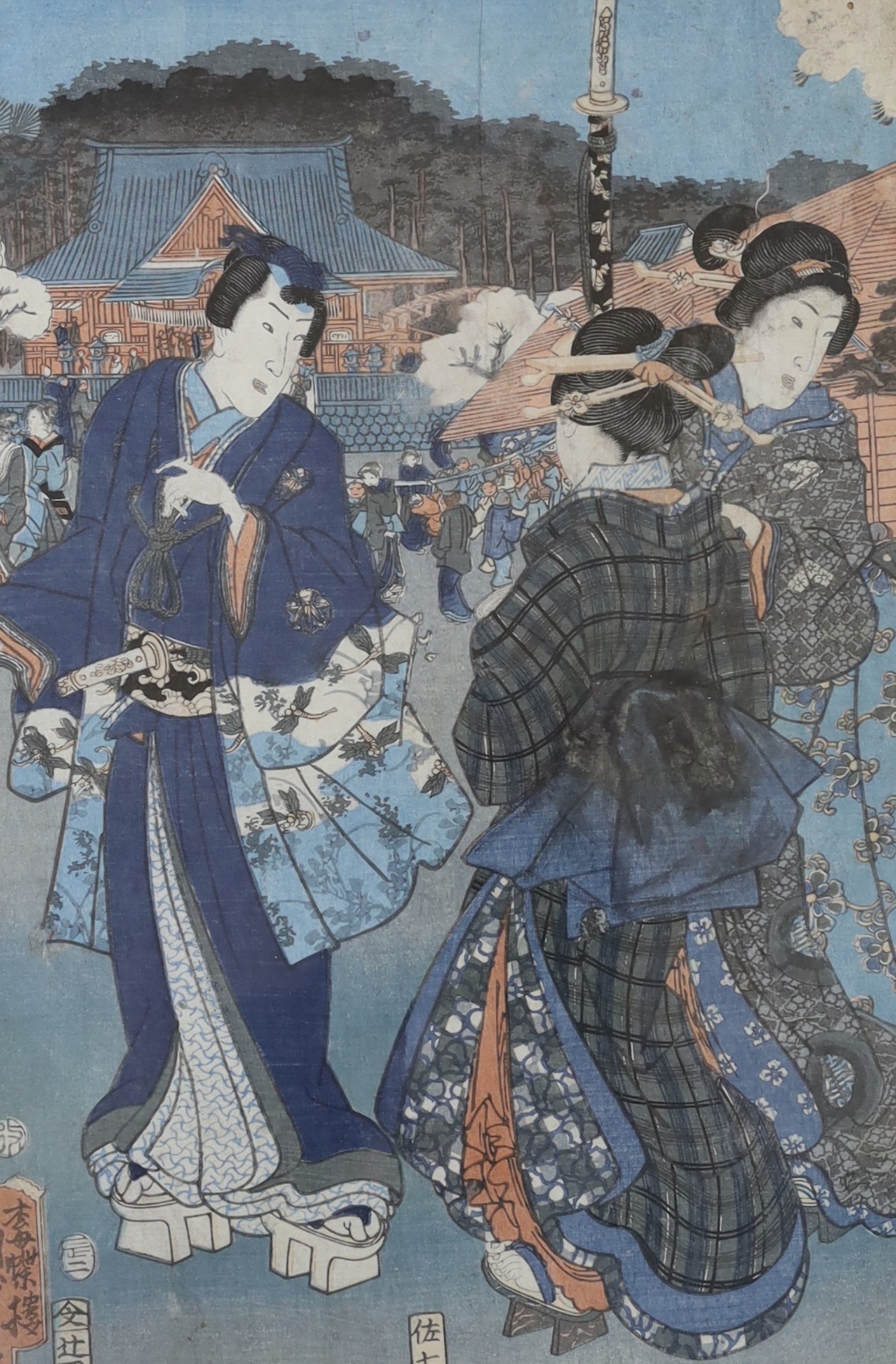 Kunisada, Japanese, pair of woodblock prints, Figures on the street and Prunus blossom, 33 x 22cm